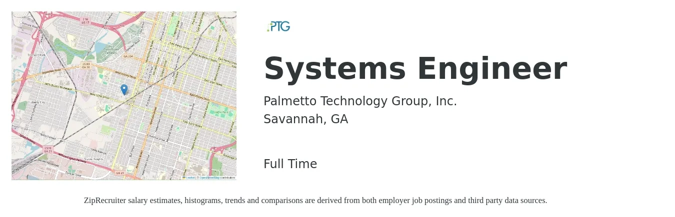 Palmetto Technology Group, Inc. job posting for a Systems Engineer in Savannah, GA with a salary of $91,300 to $146,200 Yearly with a map of Savannah location.