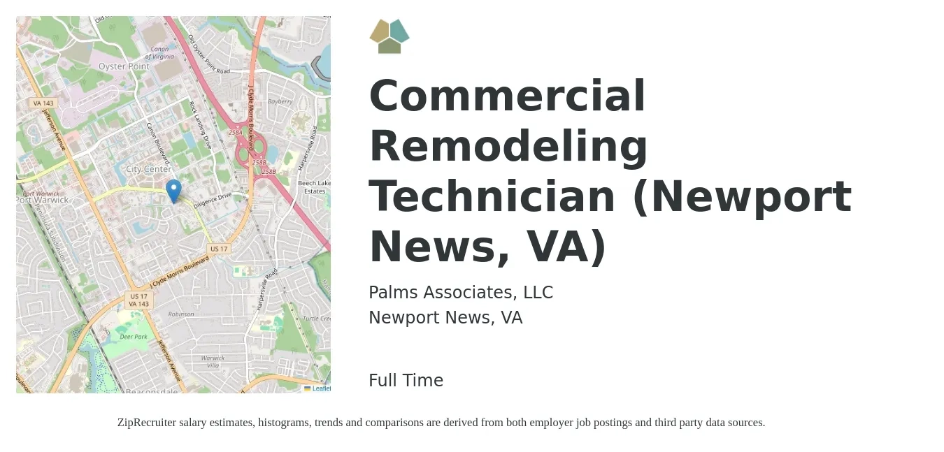 Palms Associates, LLC job posting for a Commercial Remodeling Technician (Newport News, VA) in Newport News, VA with a salary of $18 to $26 Hourly with a map of Newport News location.