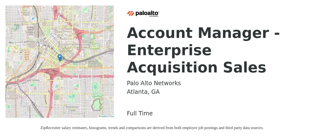 Palo Alto Networks job posting for a Account Manager - Enterprise Acquisition Sales in Atlanta, GA with a salary of $48,600 to $76,900 Yearly with a map of Atlanta location.