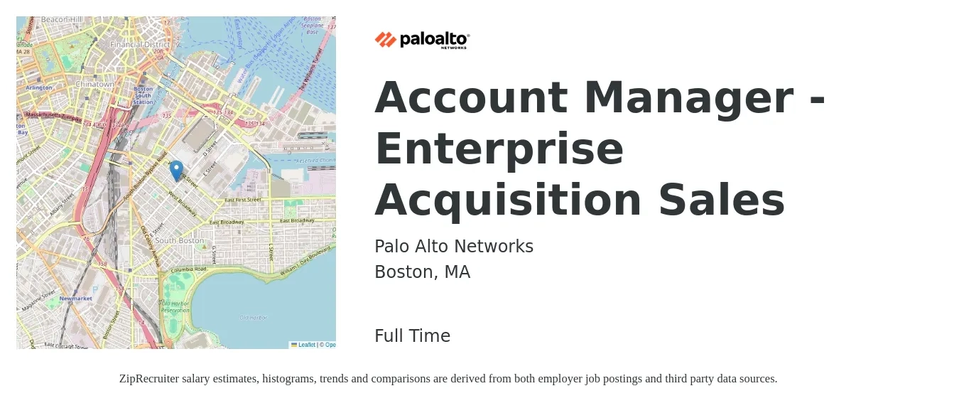 Palo Alto Networks job posting for a Account Manager - Enterprise Acquisition Sales in Boston, MA with a salary of $54,900 to $86,900 Yearly with a map of Boston location.