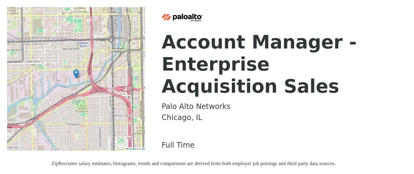 Palo Alto Networks job posting for a Account Manager - Enterprise Acquisition Sales in Chicago, IL with a salary of $52,000 to $82,400 Yearly with a map of Chicago location.