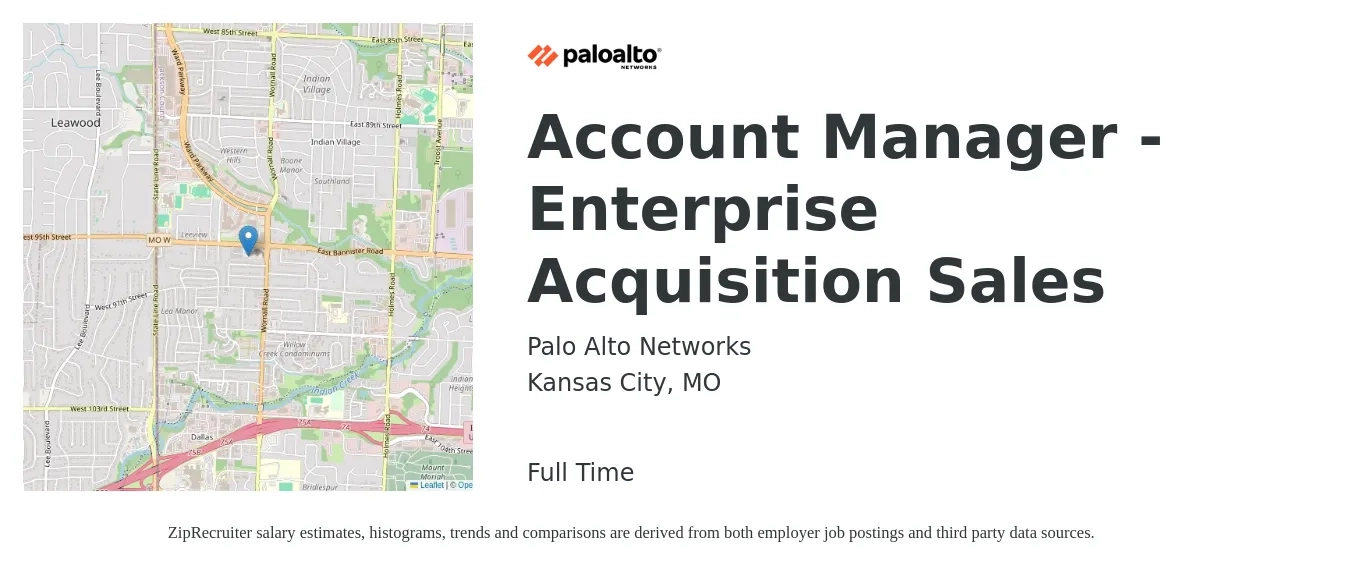 Palo Alto Networks job posting for a Account Manager - Enterprise Acquisition Sales in Kansas City, MO with a salary of $49,300 to $78,100 Yearly with a map of Kansas City location.