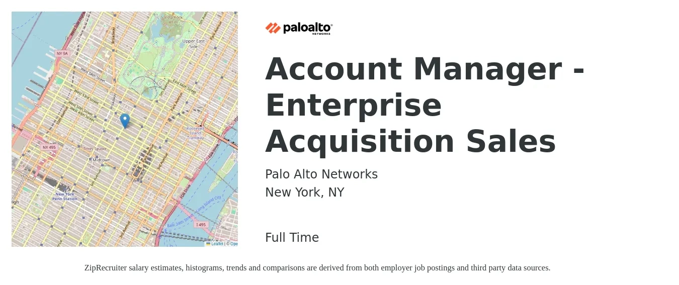 Palo Alto Networks job posting for a Account Manager - Enterprise Acquisition Sales in New York, NY with a salary of $55,200 to $87,500 Yearly with a map of New York location.