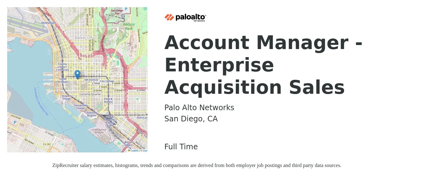 Palo Alto Networks job posting for a Account Manager - Enterprise Acquisition Sales in San Diego, CA with a salary of $53,600 to $84,900 Yearly with a map of San Diego location.