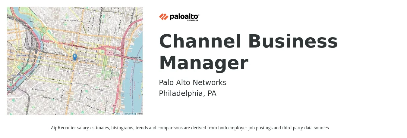 Palo Alto Networks job posting for a Channel Business Manager in Philadelphia, PA with a map of Philadelphia location.