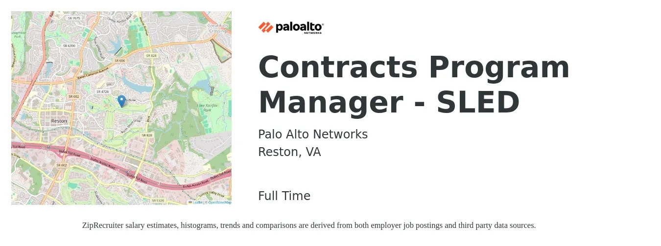 Palo Alto Networks job posting for a Contracts Program Manager - SLED in Reston, VA with a salary of $92,600 to $123,800 Yearly with a map of Reston location.