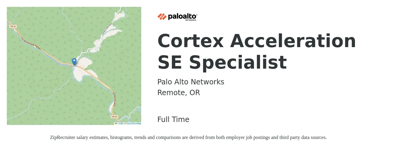 Palo Alto Networks job posting for a Cortex Acceleration SE Specialist in Remote, OR with a salary of $216,200 Yearly with a map of Remote location.