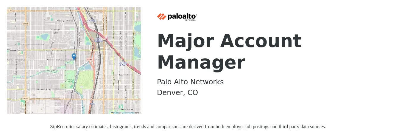 Palo Alto Networks job posting for a Major Account Manager in Denver, CO with a salary of $97,800 to $113,200 Yearly with a map of Denver location.