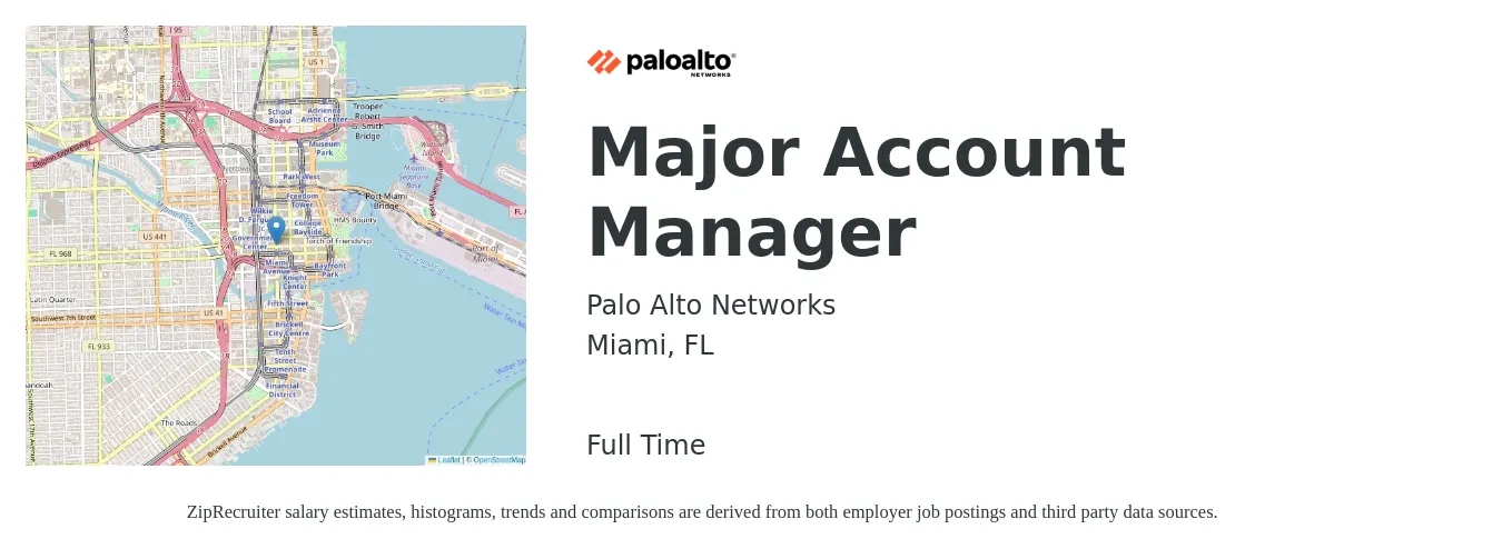Palo Alto Networks job posting for a Major Account Manager in Miami, FL with a salary of $90,900 to $105,200 Yearly with a map of Miami location.