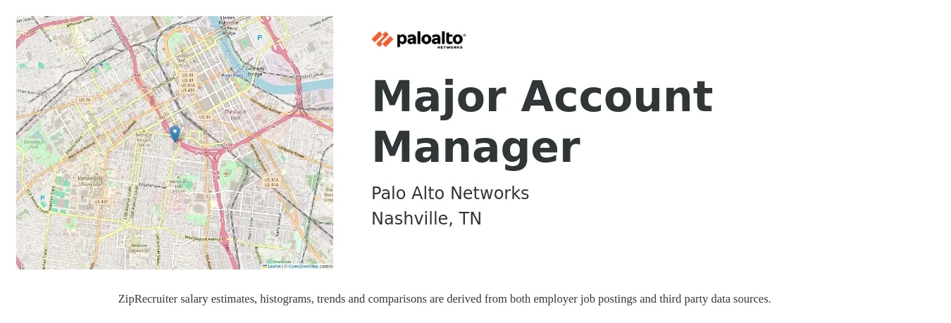 Palo Alto Networks job posting for a Major Account Manager in Nashville, TN with a salary of $91,800 to $106,200 Yearly with a map of Nashville location.