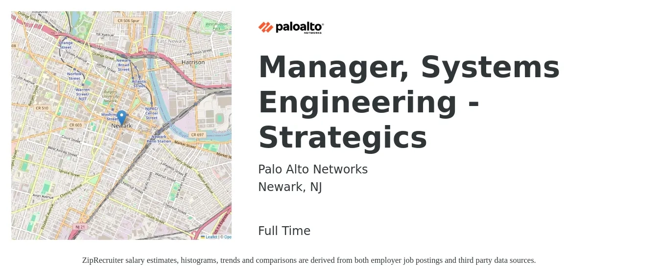 Palo Alto Networks job posting for a Manager, Systems Engineering - Strategics in Newark, NJ with a salary of $119,200 to $180,900 Yearly with a map of Newark location.
