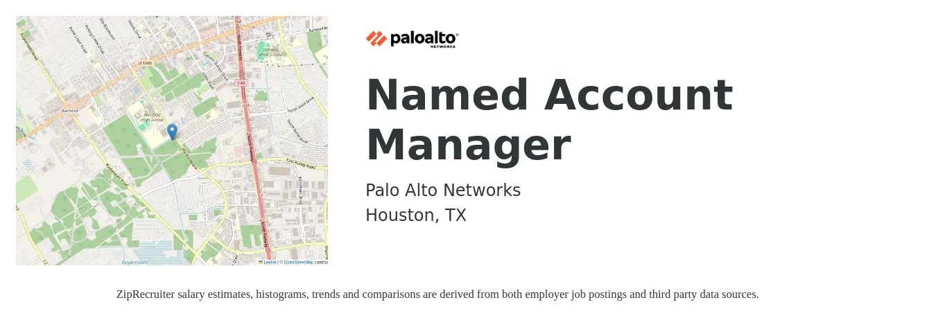 Palo Alto Networks job posting for a Named Account Manager in Houston, TX with a salary of $45,800 to $75,000 Yearly with a map of Houston location.