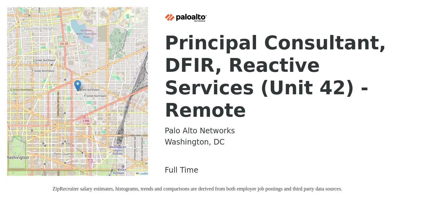 Palo Alto Networks job posting for a Principal Consultant, DFIR, Reactive Services (Unit 42) - Remote in Washington, DC with a salary of $64 to $97 Hourly with a map of Washington location.