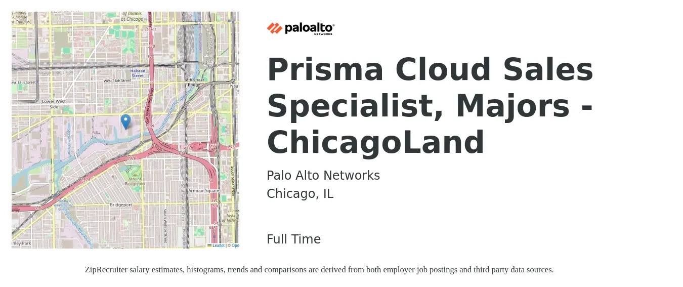 Palo Alto Networks job posting for a Prisma Cloud Sales Specialist, Majors - ChicagoLand in Chicago, IL with a salary of $47,400 to $78,900 Yearly with a map of Chicago location.