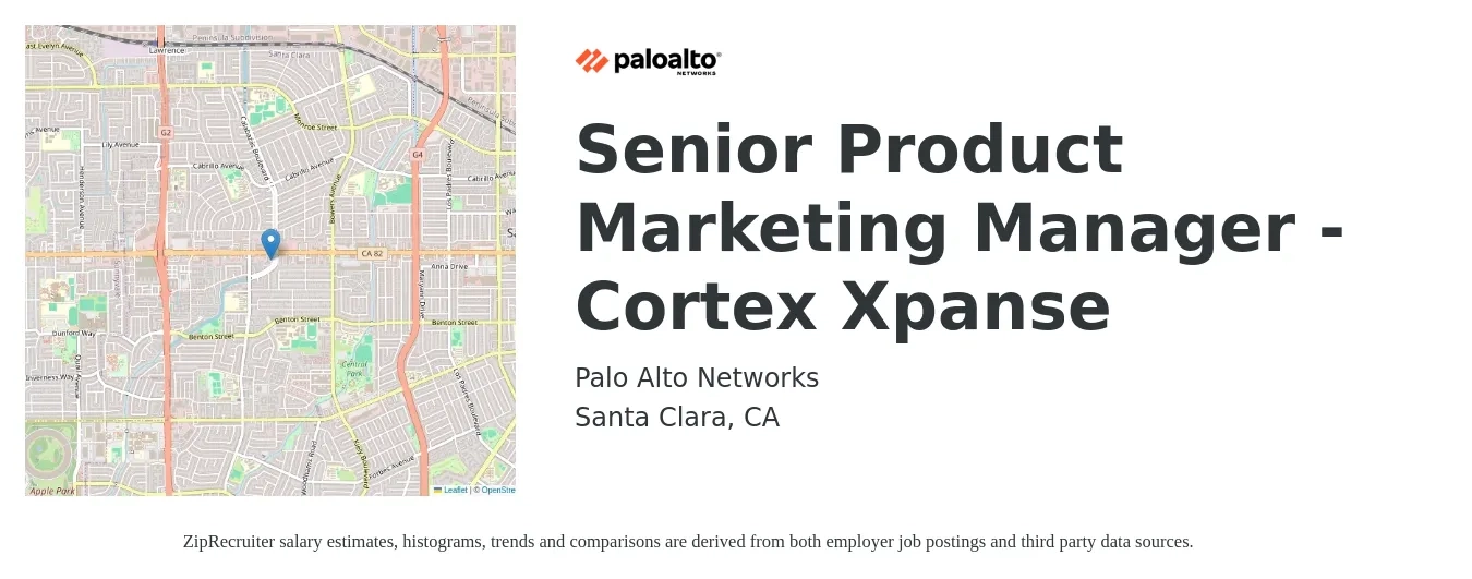 Palo Alto Networks job posting for a Senior Product Marketing Manager - Cortex Xpanse in Santa Clara, CA with a salary of $142,100 to $186,100 Yearly with a map of Santa Clara location.