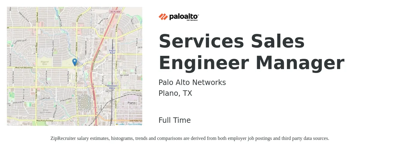 Palo Alto Networks job posting for a Services Sales Engineer Manager in Plano, TX with a salary of $65,600 to $87,100 Yearly with a map of Plano location.