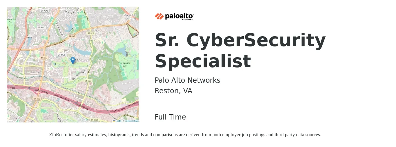 Palo Alto Networks job posting for a Sr. CyberSecurity Specialist in Reston, VA with a salary of $120,700 to $121,200 Yearly with a map of Reston location.