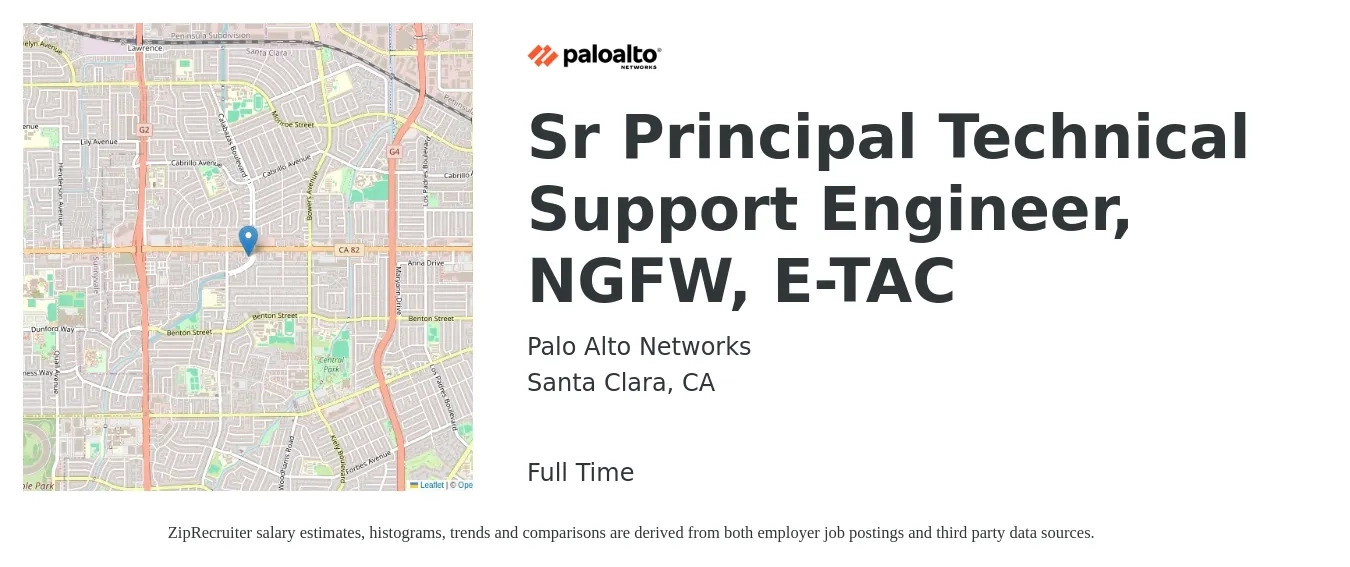 Palo Alto Networks job posting for a Sr Principal Technical Support Engineer, NGFW, E-TAC in Santa Clara, CA with a salary of $103,400 to $142,700 Yearly with a map of Santa Clara location.