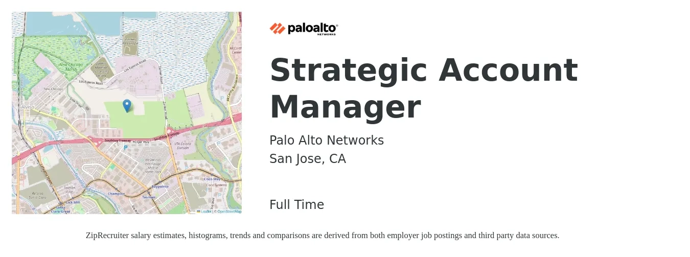 Palo Alto Networks job posting for a Strategic Account Manager in San Jose, CA with a salary of $78,500 to $126,000 Yearly with a map of San Jose location.