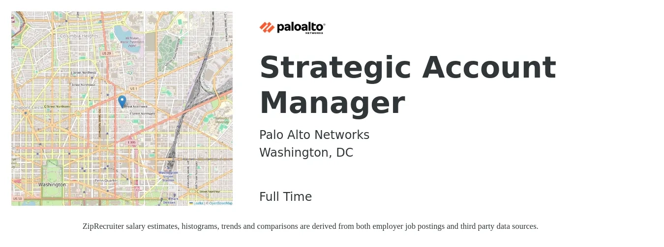Palo Alto Networks job posting for a Strategic Account Manager in Washington, DC with a salary of $75,900 to $121,800 Yearly with a map of Washington location.