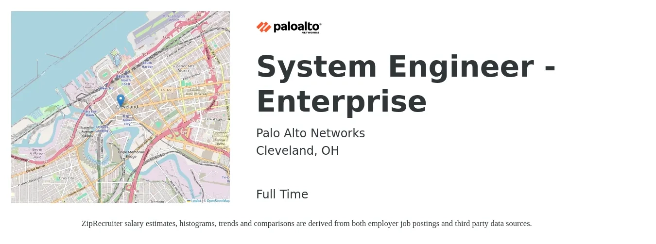 Palo Alto Networks job posting for a System Engineer - Enterprise in Cleveland, OH with a salary of $103,800 to $129,000 Yearly with a map of Cleveland location.