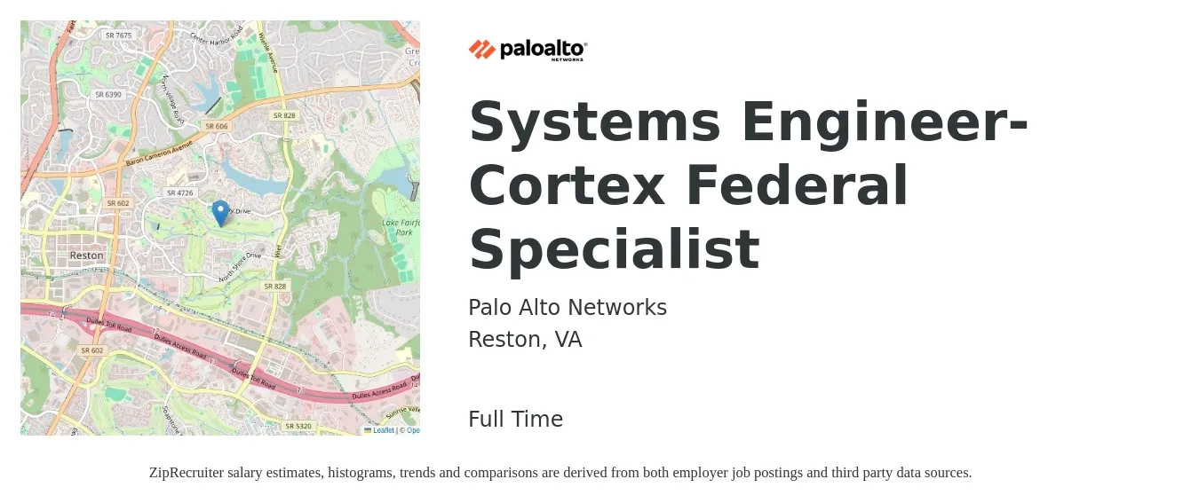 Palo Alto Networks job posting for a Systems Engineer- Cortex Federal Specialist in Reston, VA with a salary of $60,900 to $90,000 Yearly with a map of Reston location.