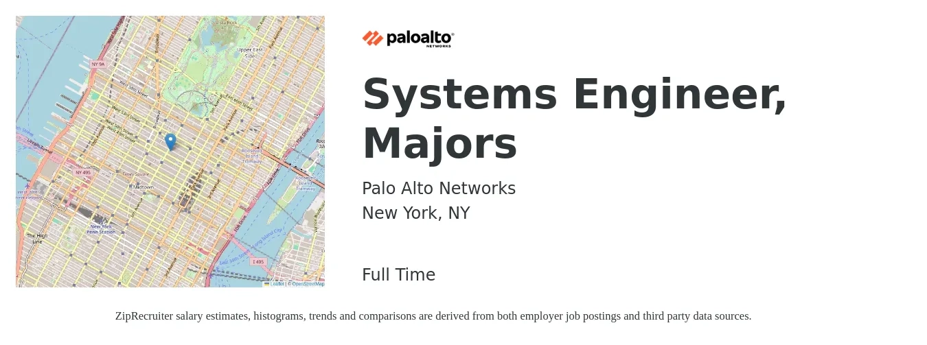 Palo Alto Networks job posting for a Systems Engineer, Majors in New York, NY with a salary of $107,200 to $171,800 Yearly with a map of New York location.