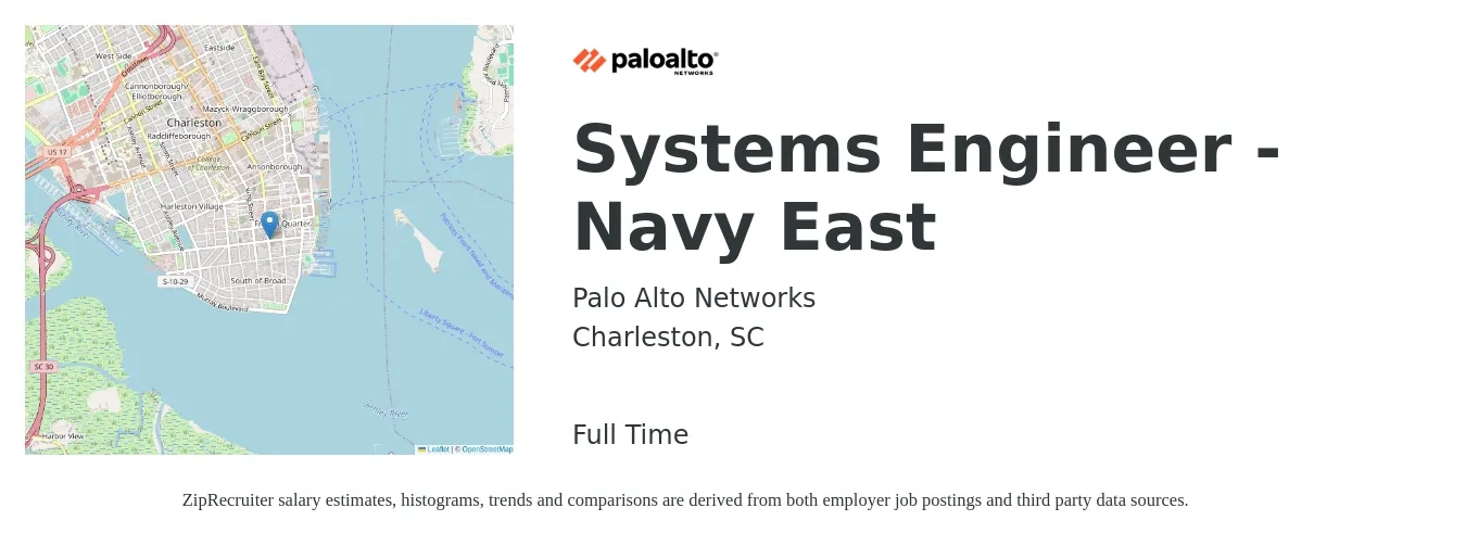 Palo Alto Networks job posting for a Systems Engineer - Navy East in Charleston, SC with a salary of $91,700 to $146,900 Yearly with a map of Charleston location.