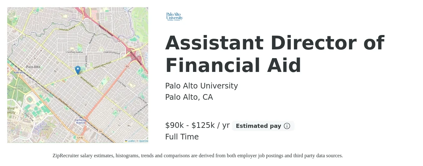 Palo Alto University job posting for a Assistant Director of Financial Aid in Palo Alto, CA with a salary of $90,000 to $125,000 Yearly with a map of Palo Alto location.