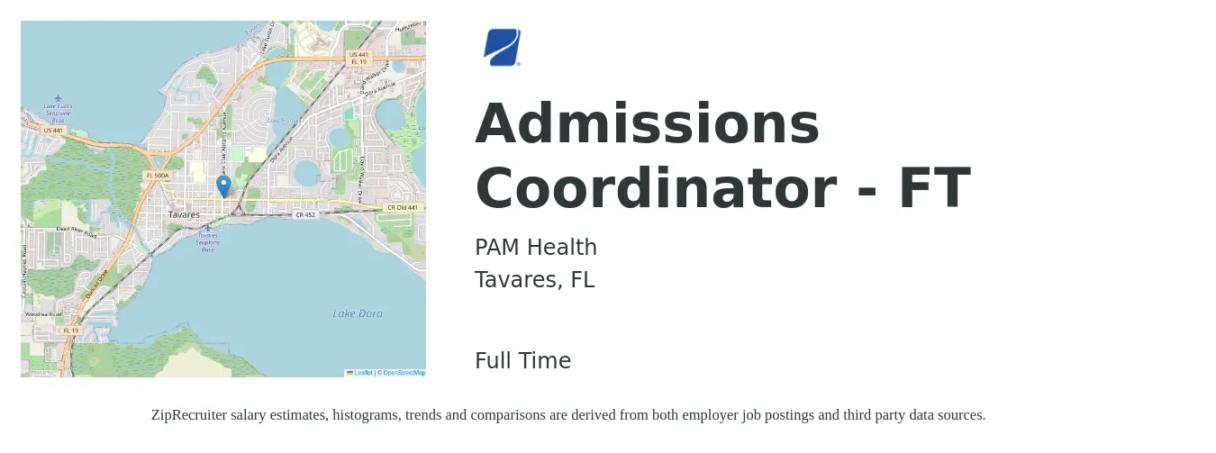 PAM Health job posting for a Admissions Coordinator - FT in Tavares, FL with a salary of $17 to $23 Hourly with a map of Tavares location.
