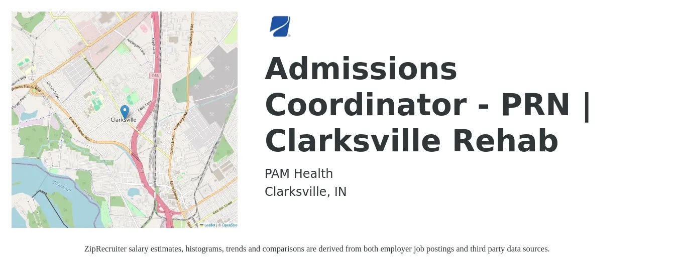 PAM Health job posting for a Admissions Coordinator - PRN | Clarksville Rehab in Clarksville, IN with a salary of $17 to $24 Hourly with a map of Clarksville location.
