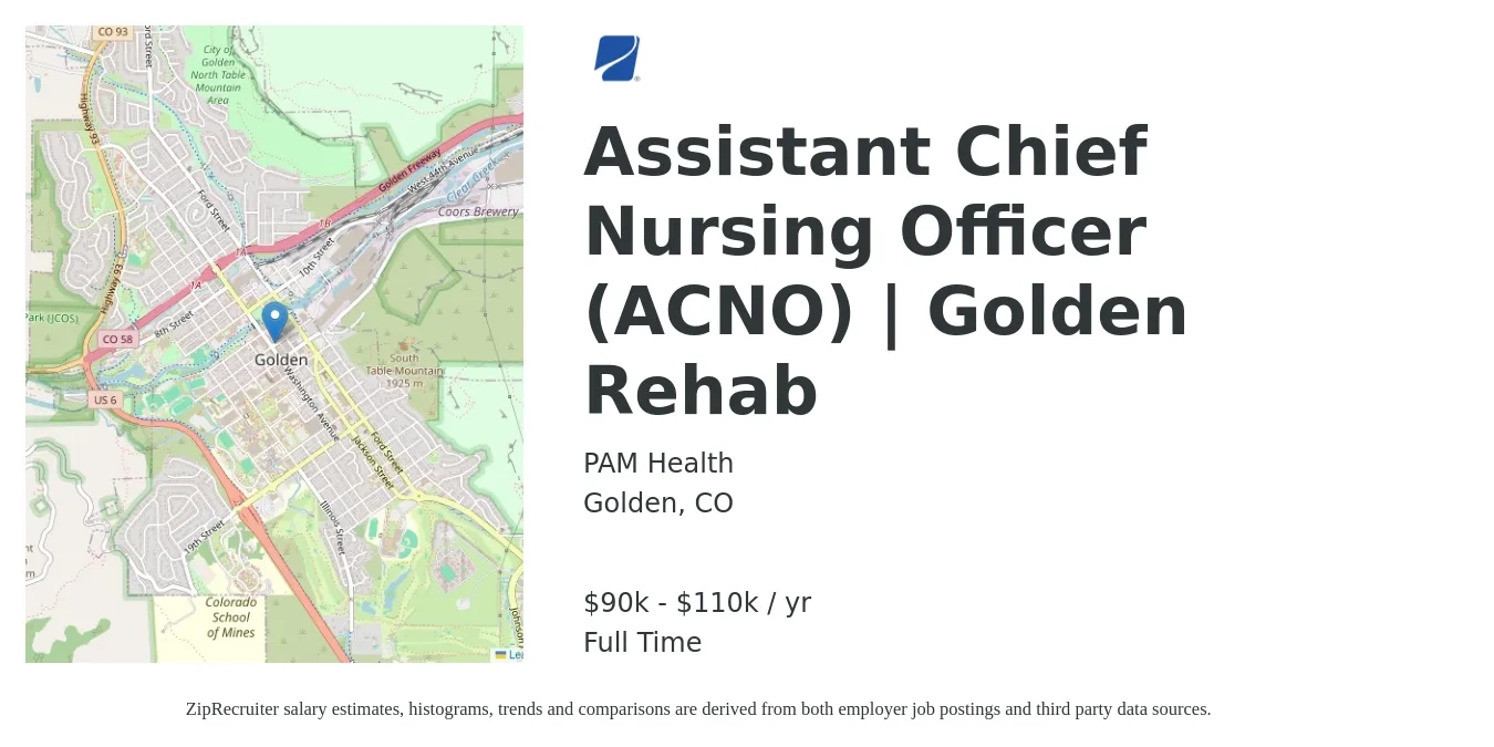 PAM Health job posting for a Assistant Chief Nursing Officer (ACNO) | Golden Rehab in Golden, CO with a salary of $90,000 to $110,000 Yearly with a map of Golden location.