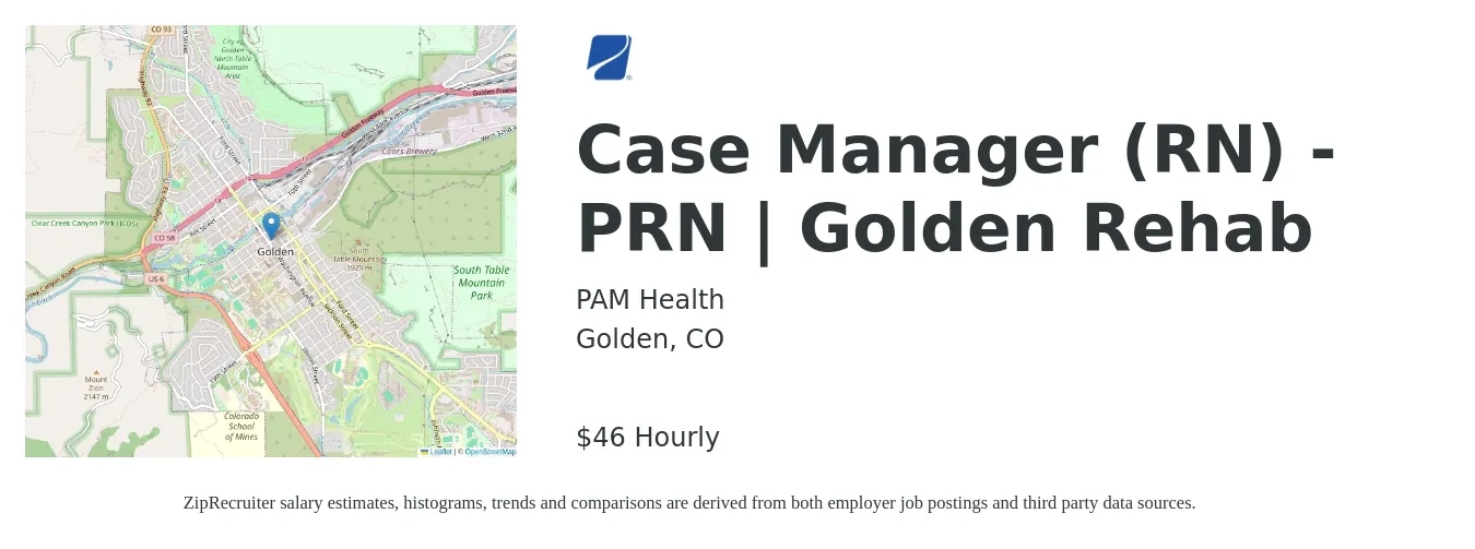 PAM Health job posting for a Case Manager (RN) - PRN | Golden Rehab in Golden, CO with a salary of $48 Hourly with a map of Golden location.