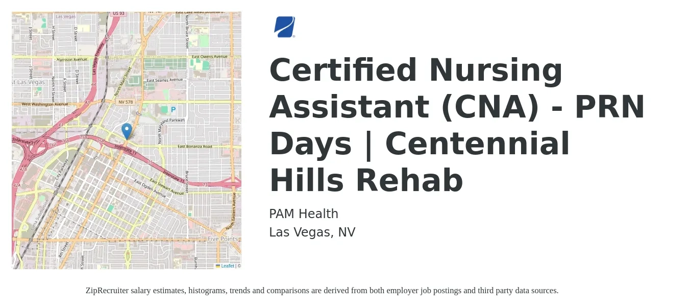 PAM Health job posting for a Certified Nursing Assistant (CNA) - PRN Days | Centennial Hills Rehab in Las Vegas, NV with a salary of $14 to $20 Hourly with a map of Las Vegas location.