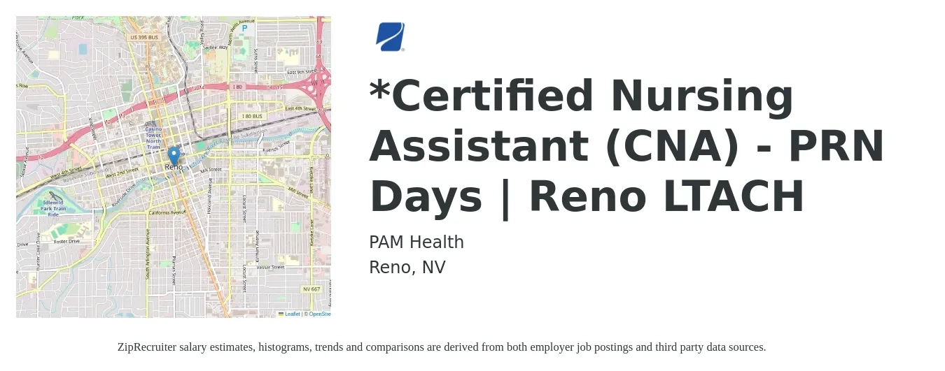 PAM Health job posting for a *Certified Nursing Assistant (CNA) - PRN Days | Reno LTACH in Reno, NV with a salary of $17 to $24 Hourly with a map of Reno location.