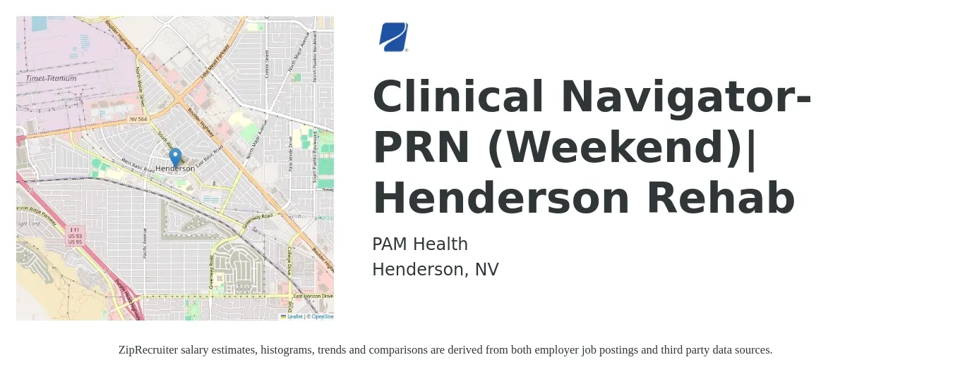 PAM Health job posting for a Clinical Navigator-PRN (Weekend)| Henderson Rehab in Henderson, NV with a salary of $19 to $26 Hourly with a map of Henderson location.