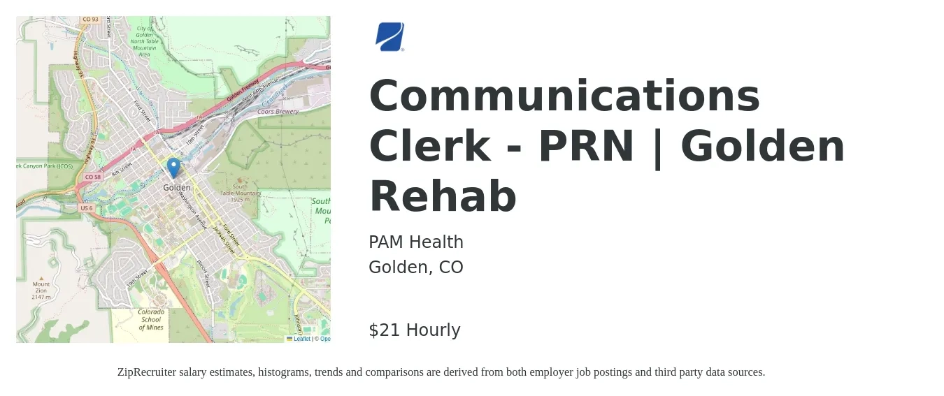 PAM Health job posting for a Communications Clerk - PRN | Golden Rehab in Golden, CO with a salary of $22 Hourly with a map of Golden location.