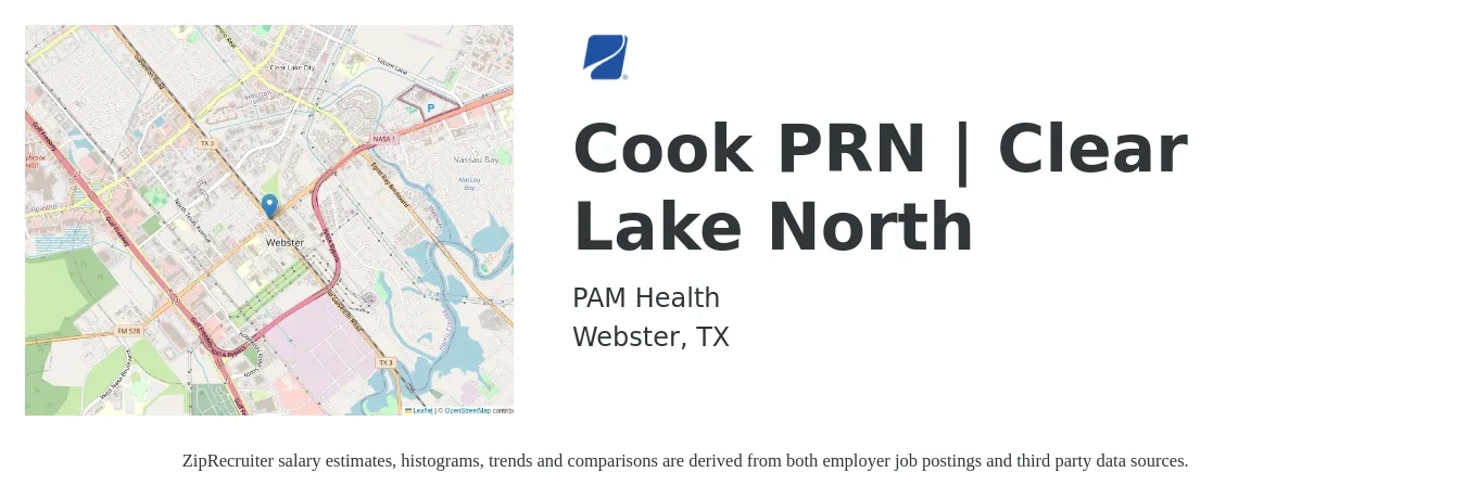 PAM Health job posting for a Cook PRN | Clear Lake North in Webster, TX with a salary of $12 to $16 Hourly with a map of Webster location.