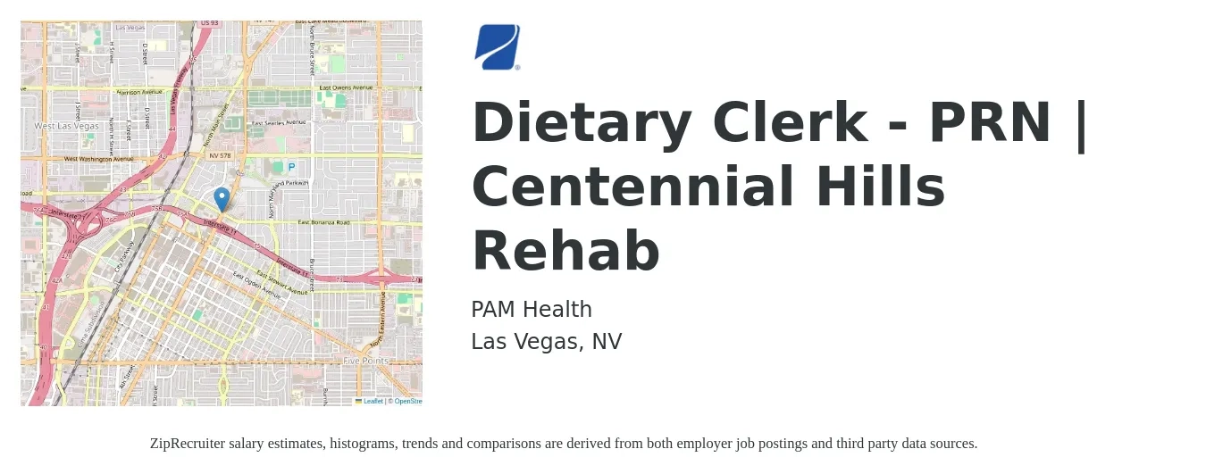 PAM Health job posting for a Dietary Clerk - PRN | Centennial Hills Rehab in Las Vegas, NV with a salary of $16 to $20 Hourly with a map of Las Vegas location.