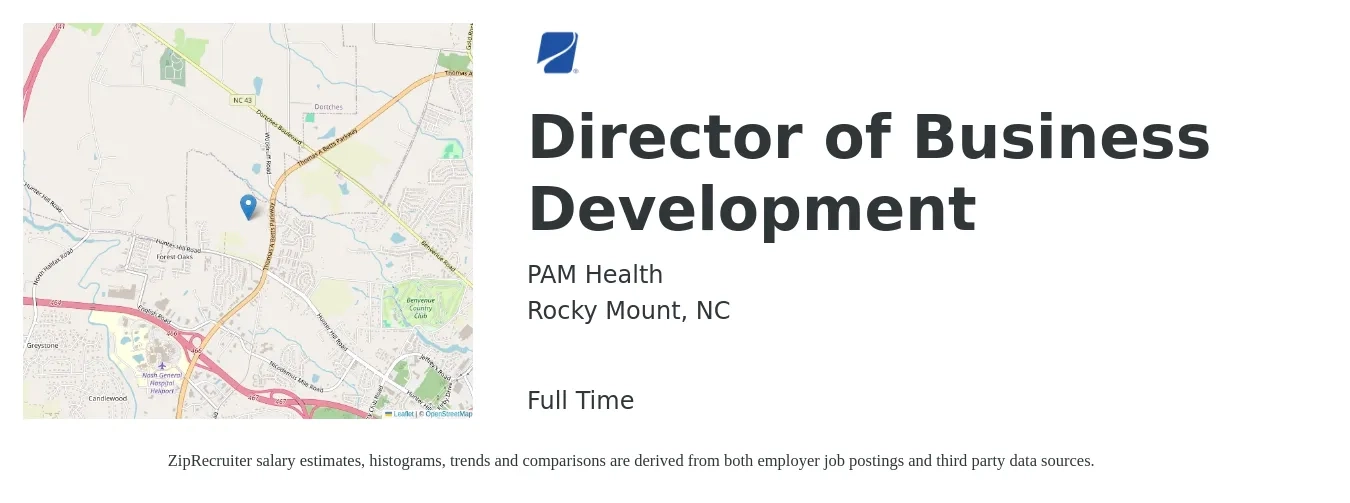 PAM Health job posting for a Director of Business Development in Rocky Mount, NC with a salary of $81,000 to $131,200 Yearly with a map of Rocky Mount location.