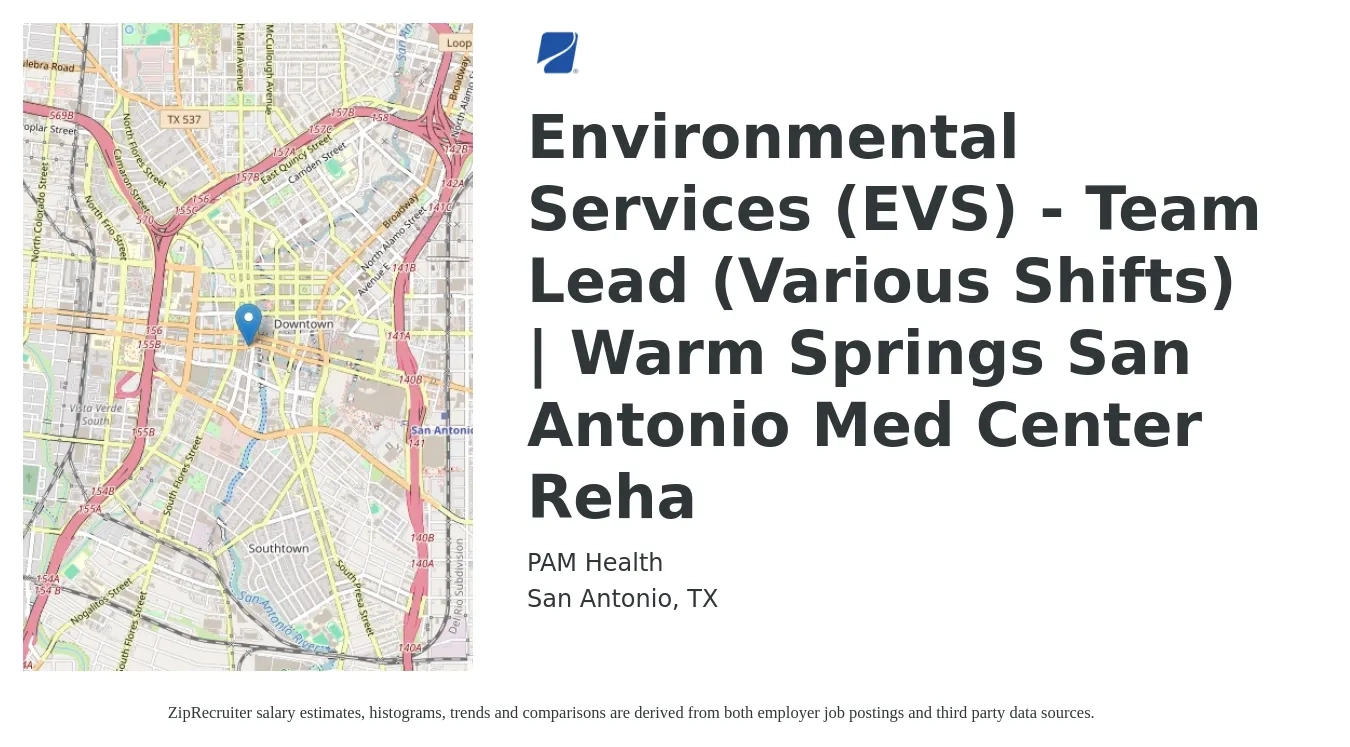 PAM Health job posting for a Environmental Services (EVS) - Team Lead (Various Shifts) | Warm Springs San Antonio Med Center Reha in San Antonio, TX with a salary of $15 to $18 Hourly with a map of San Antonio location.