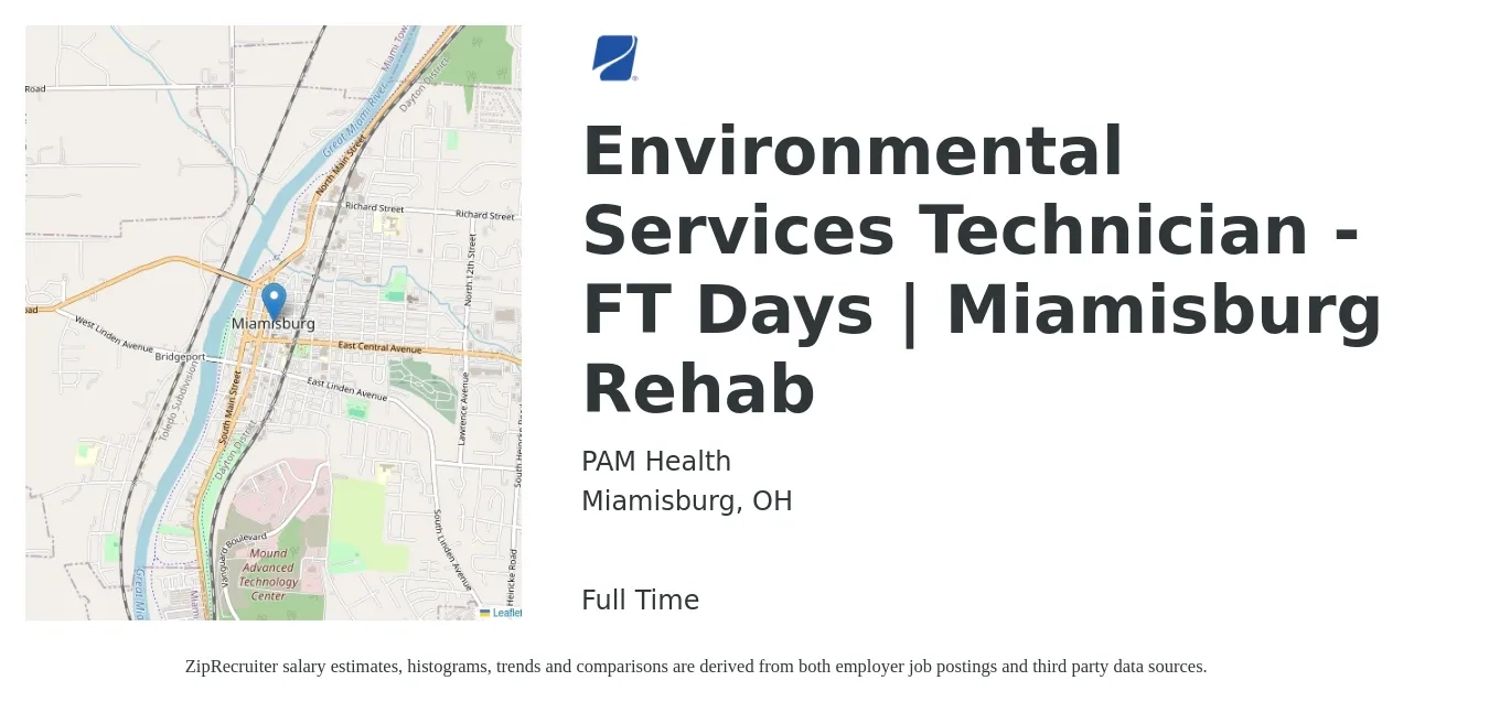 PAM Health job posting for a Environmental Services Technician - FT Days | Miamisburg Rehab in Miamisburg, OH with a salary of $14 to $18 Hourly with a map of Miamisburg location.