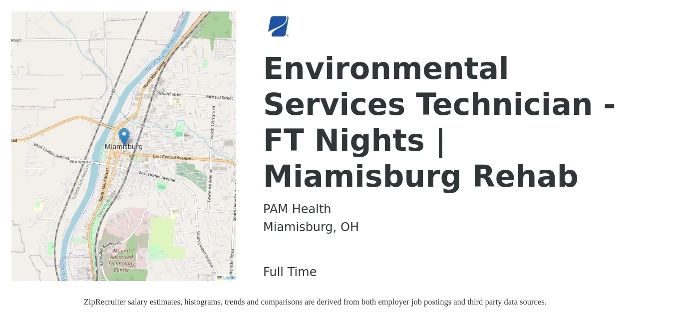 PAM Health job posting for a Environmental Services Technician - FT Nights | Miamisburg Rehab in Miamisburg, OH with a salary of $14 to $18 Hourly with a map of Miamisburg location.