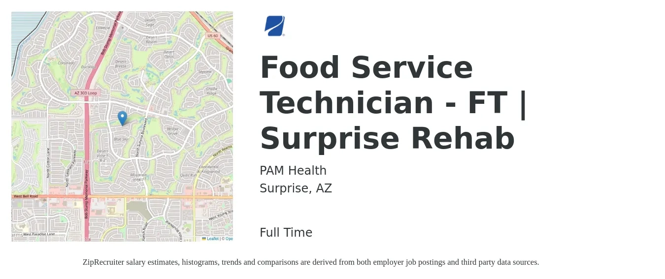 PAM Health job posting for a Food Service Technician - FT | Surprise Rehab in Surprise, AZ with a salary of $16 to $22 Hourly with a map of Surprise location.
