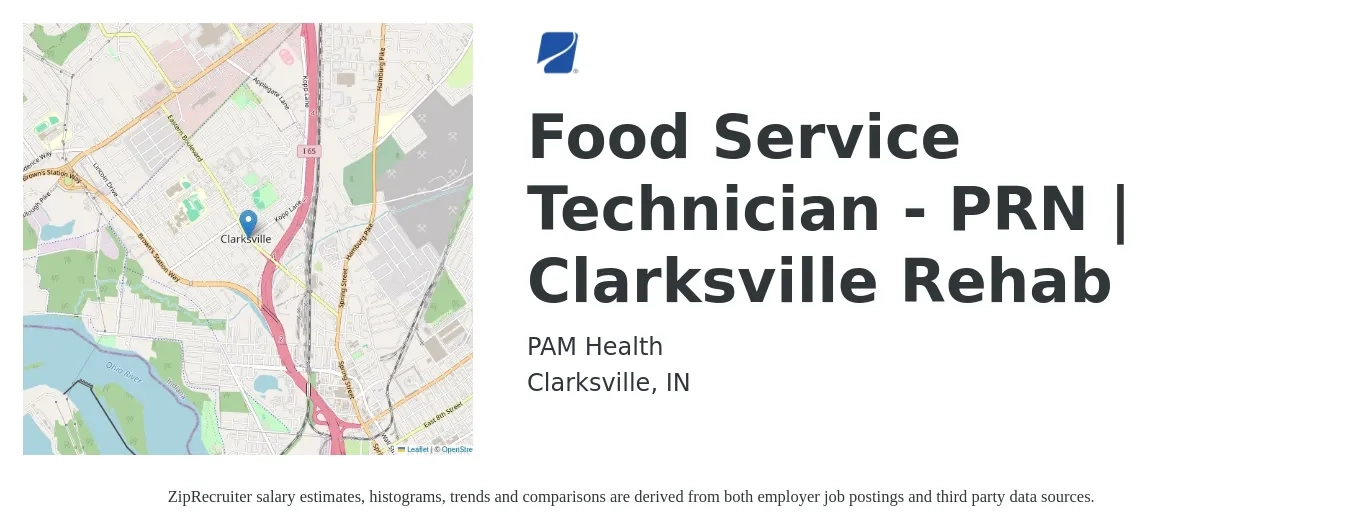 PAM Health job posting for a Food Service Technician - PRN | Clarksville Rehab in Clarksville, IN with a salary of $14 to $20 Hourly with a map of Clarksville location.
