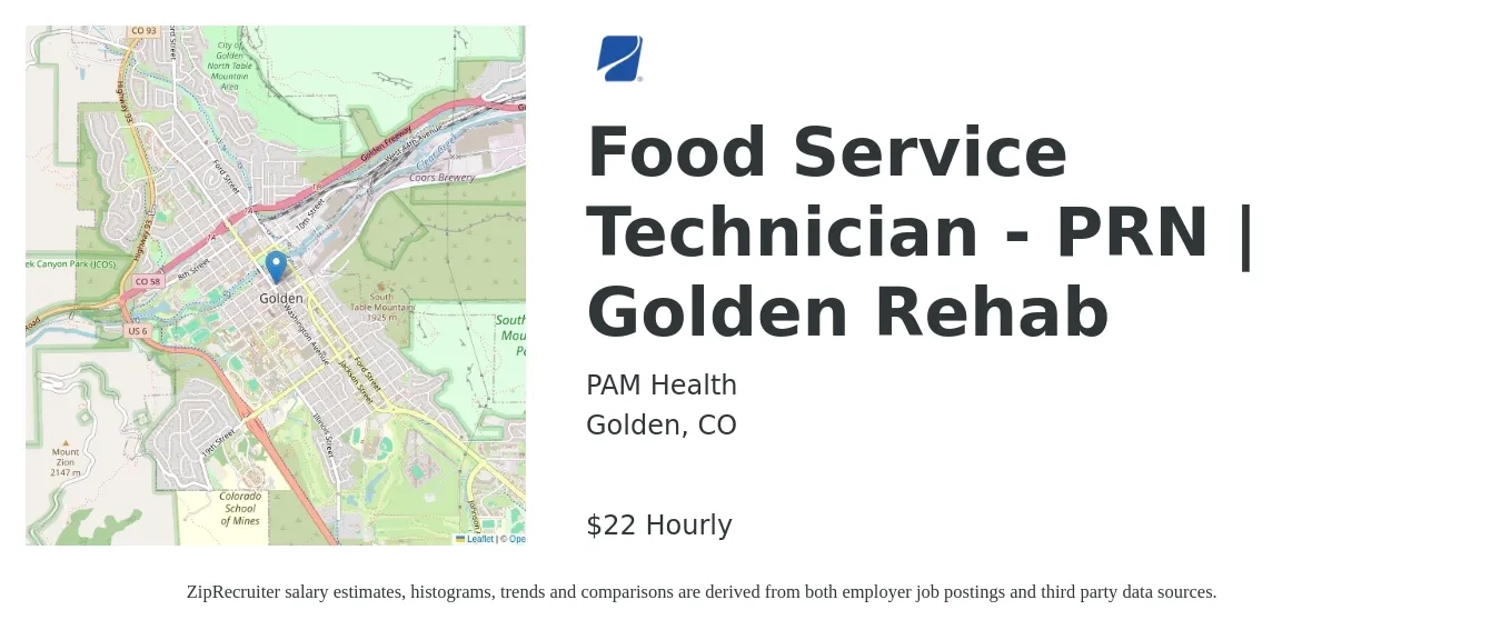 PAM Health job posting for a Food Service Technician - PRN | Golden Rehab in Golden, CO with a salary of $23 Hourly with a map of Golden location.