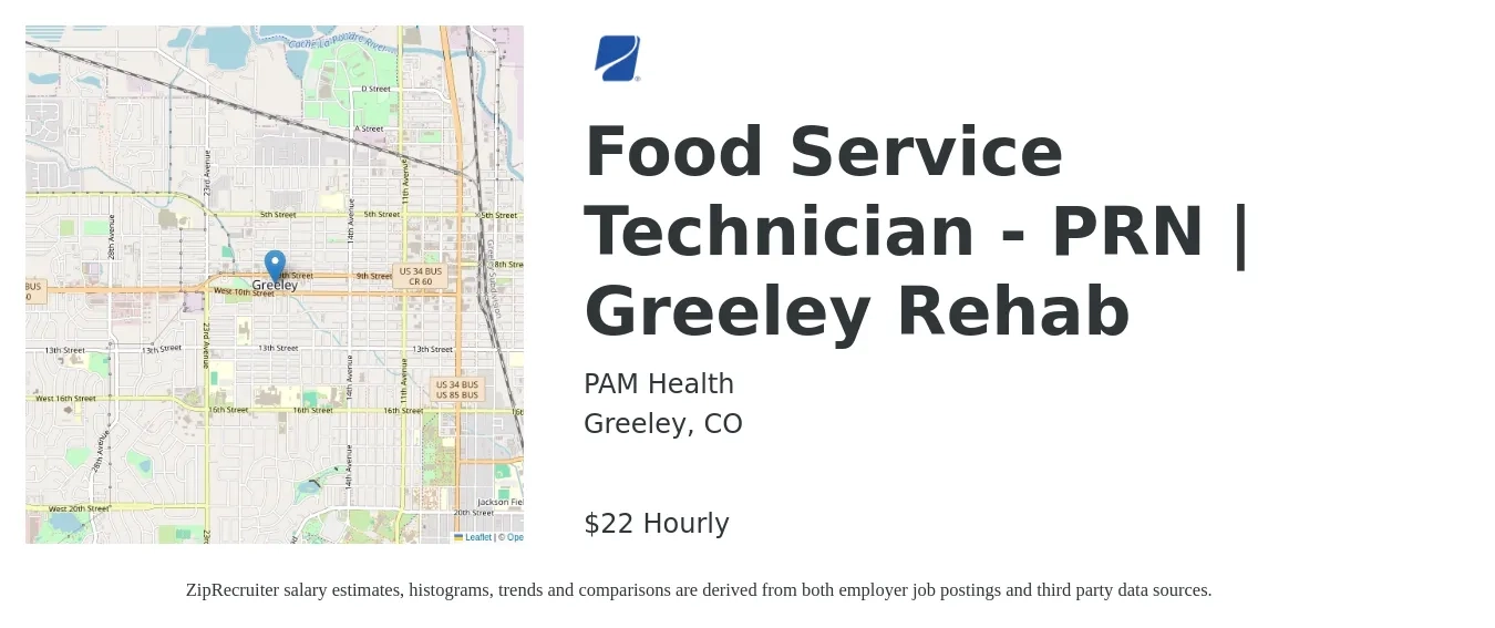 PAM Health job posting for a Food Service Technician - PRN | Greeley Rehab in Greeley, CO with a salary of $23 Hourly with a map of Greeley location.