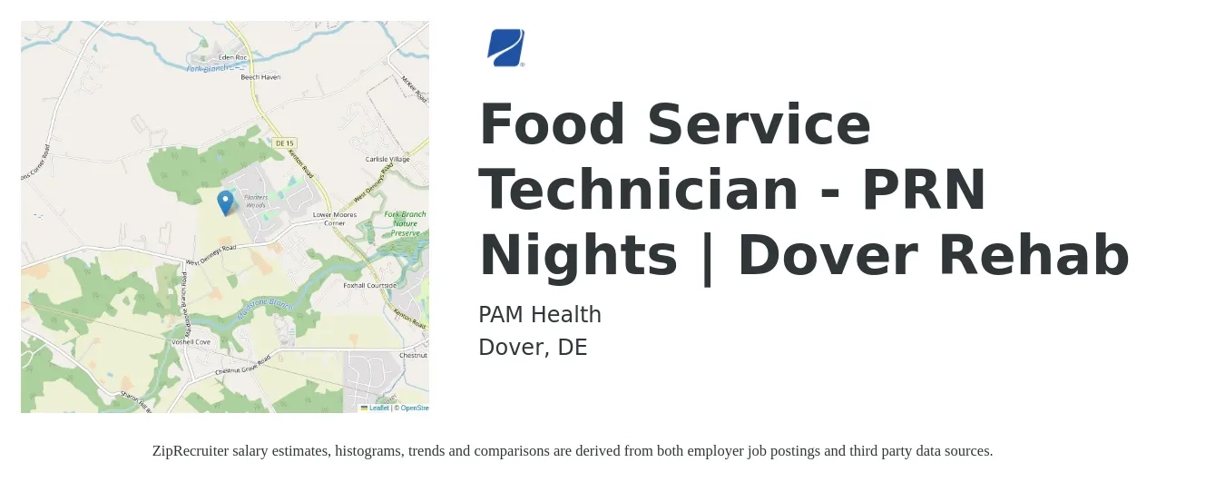 PAM Health job posting for a Food Service Technician - PRN Nights | Dover Rehab in Dover, DE with a salary of $13 to $18 Hourly with a map of Dover location.