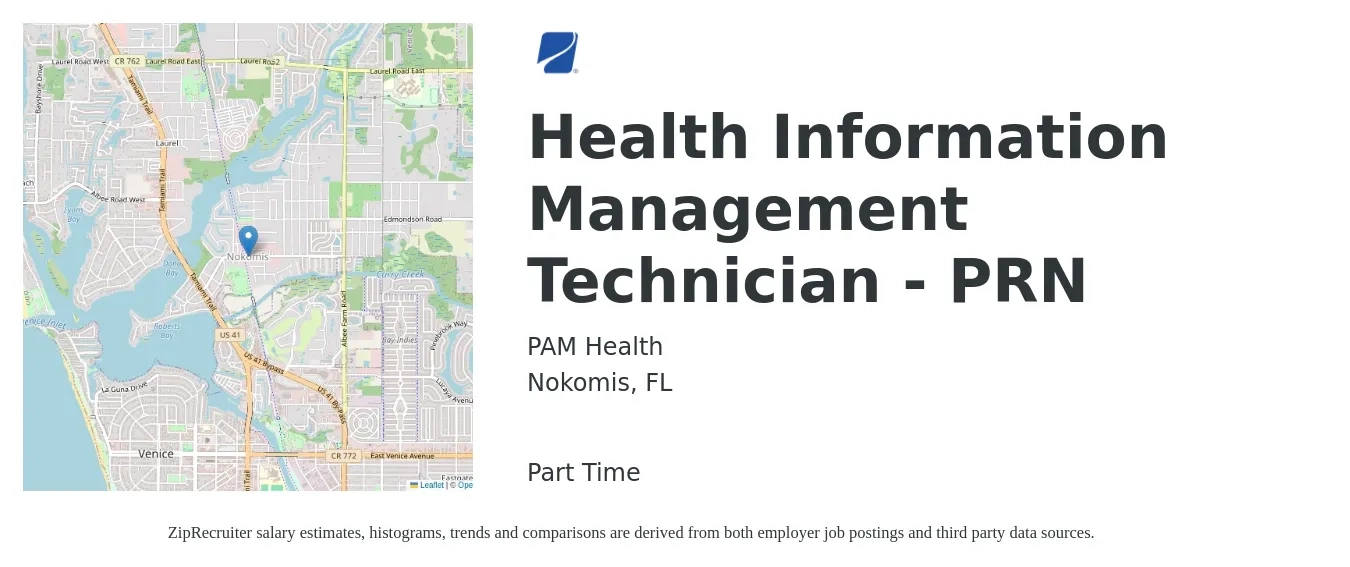 PAM Health job posting for a Health Information Management Technician - PRN in Nokomis, FL with a salary of $16 to $19 Hourly with a map of Nokomis location.