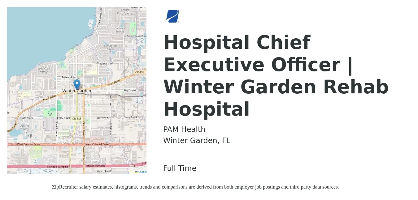 PAM Health job posting for a Hospital Chief Executive Officer | Winter Garden Rehab Hospital in Winter Garden, FL with a salary of $89,700 to $161,200 Yearly with a map of Winter Garden location.